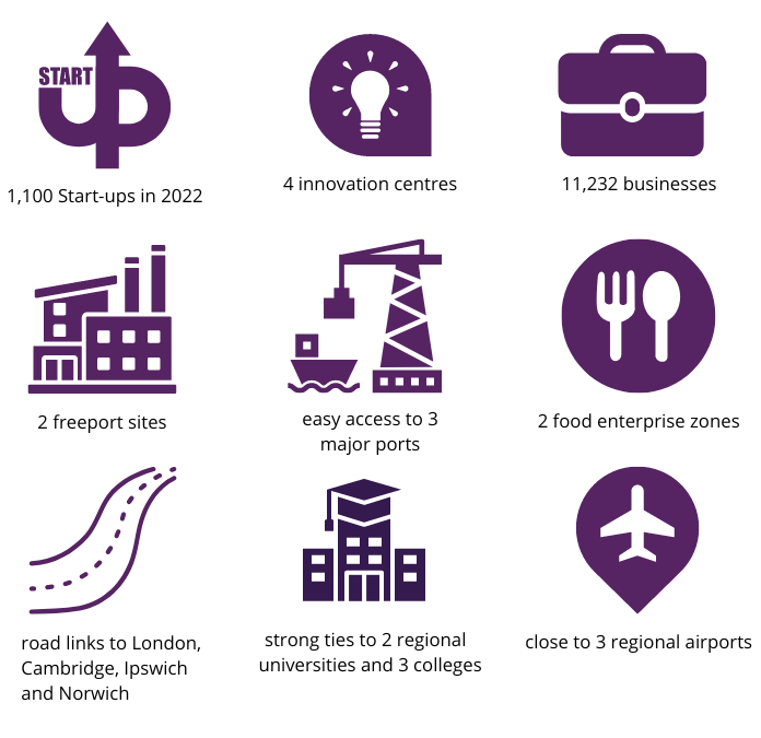 1,100 startups in 2022, 4 innovation centres, 11,232 businesses, 2 freeport sites, easy access to 3 major ports, 2 food enterprise zones, road links to London, Cambridge, Ipswich and Norwich, strong ties to 2 regional universities and 3 colleges, close to 3 regional airports